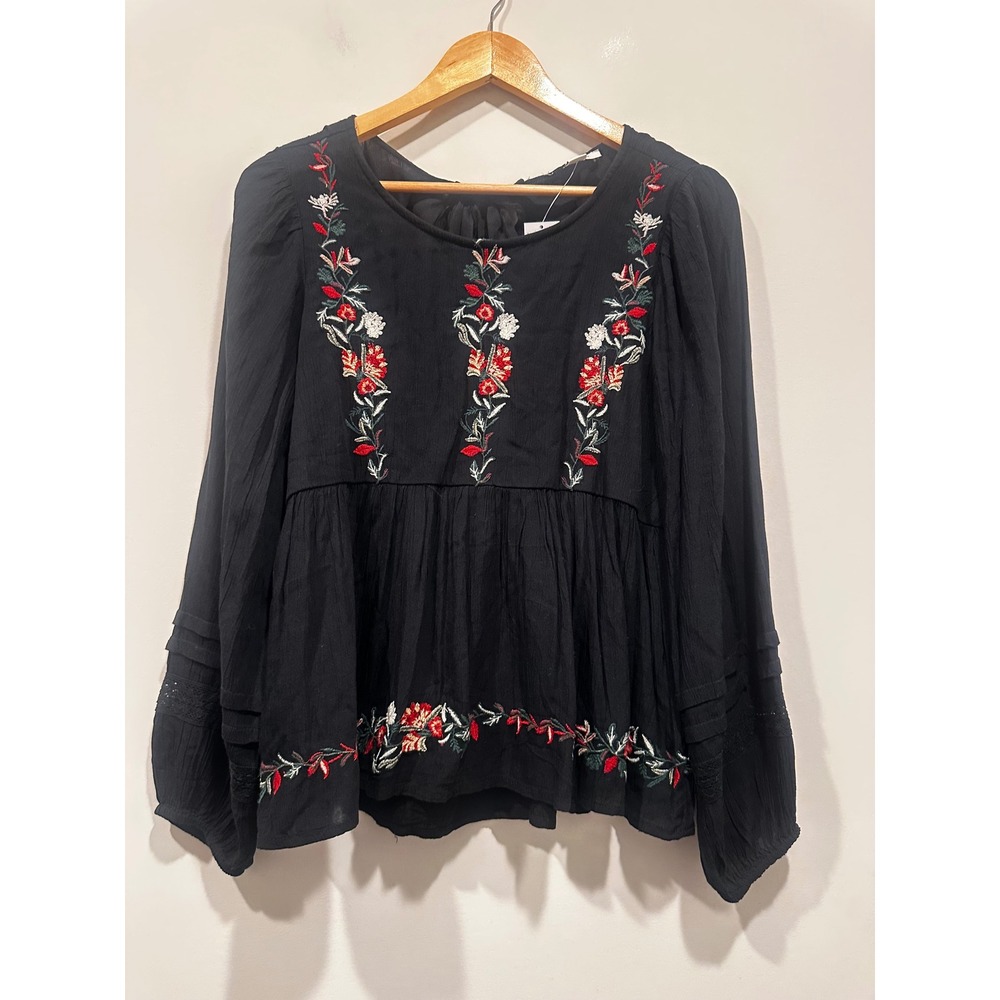 American Eagle Black Floral Embroidered Babydoll Blouse Tie Back Top S